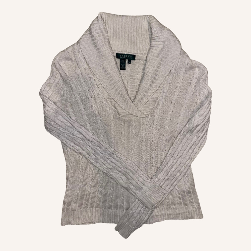 Lauren RALPH LAUREN Cream Silk & Cashmere Cowl Neck Cable Knit Sweater Womens M